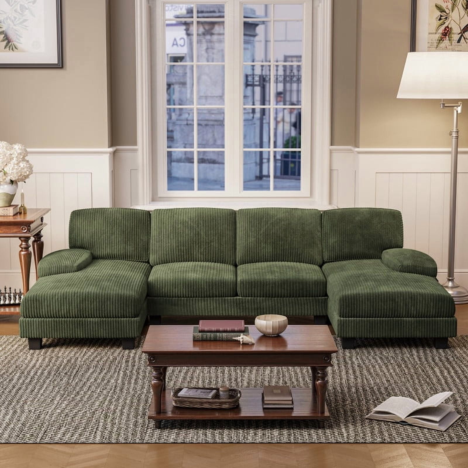 Furmax U Shaped Sectional Sofa Couch with Double Chaise for Apartments,Corduroy Green