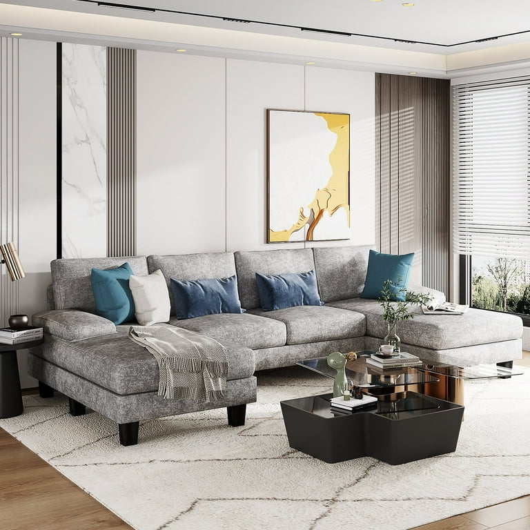 Furmax U Shaped Sectional Sofa with Chaise 4 Seats Chenille Fabric Sofa for Living Room Gray