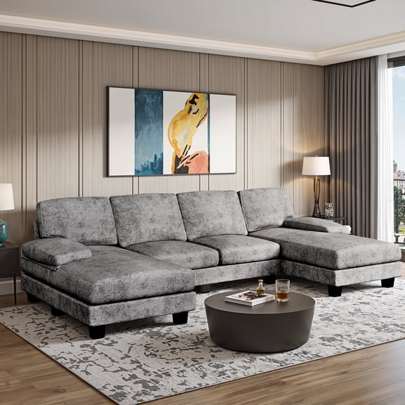 Furmax U-Shaped Sectional Sofa with Chaise, 4 Seats Chenille Fabric Sofa for Living room, New Gray