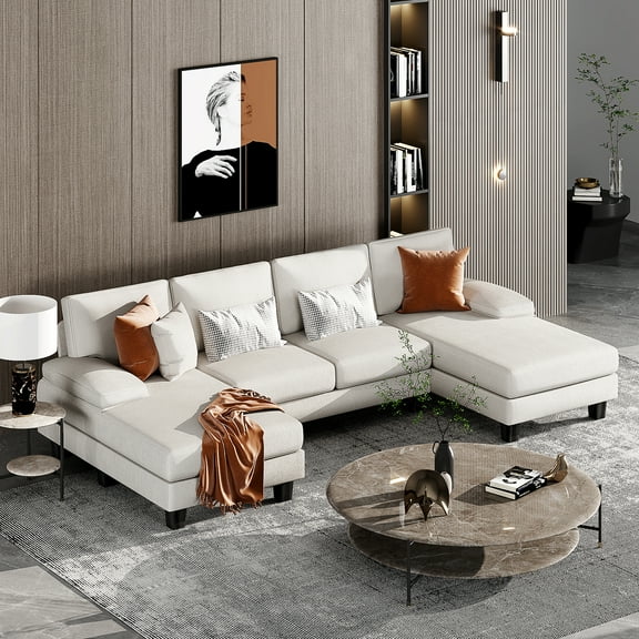 Furmax U-Shaped Sectional Sofa with Chaise, 4 Seats Chenille Fabric Sofa for Living room, White