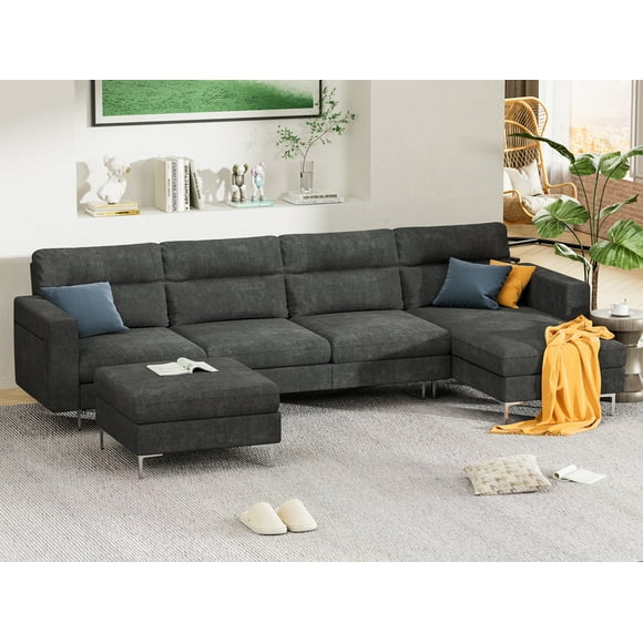 Furmax U-shape Sectional sofa with Chaise and Ottoman, Movable Modular Couch with Fabric Thick Cushion for Living Room, Dark Grey