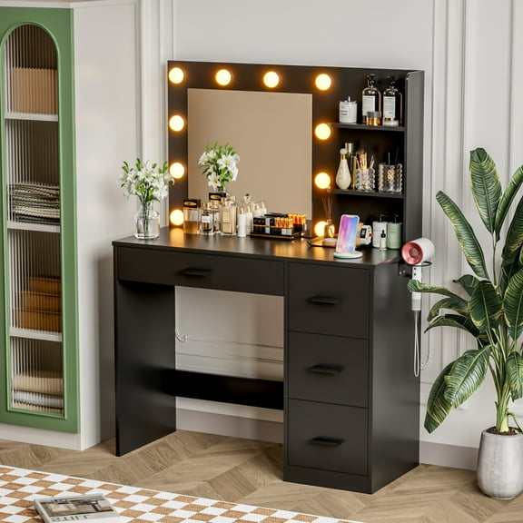 Furmax Vanity Desk with Lights and Mirror Makeup Vanity Table Set with Drawer and Power Outlet, Black
