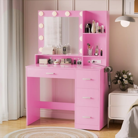 Furmax Vanity Desk with Lights and Mirror Makeup Vanity Table Set with Drawer and Power Outlet, Light Pink