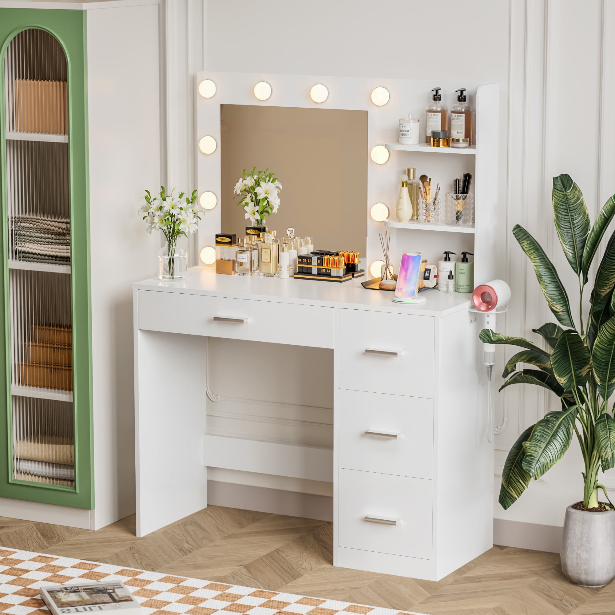 Furmax White Vanity Desk with Lights, Mirror \u0026 4 Drawers - Bedroom Makeup  Table Set with Wood Top - Walmart.com, image size:2000x2000