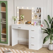 Furmax Vanity Desk with Lights and Mirror Makeup Vanity Table Set with Drawer and Power Outlet, White