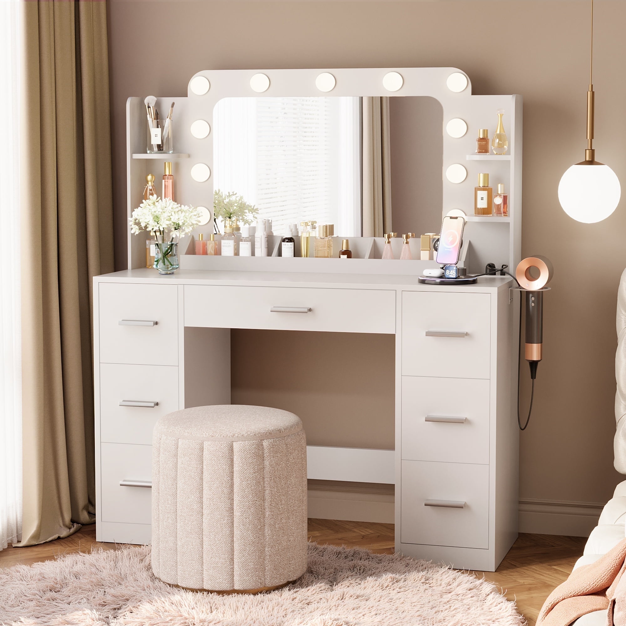 Furmax Vanity Set with Large Mirror & Adjustable Lights, Makeup Vanity Table with 7 Drawers & Open Shelves Vanity Desk for Bedroom, White