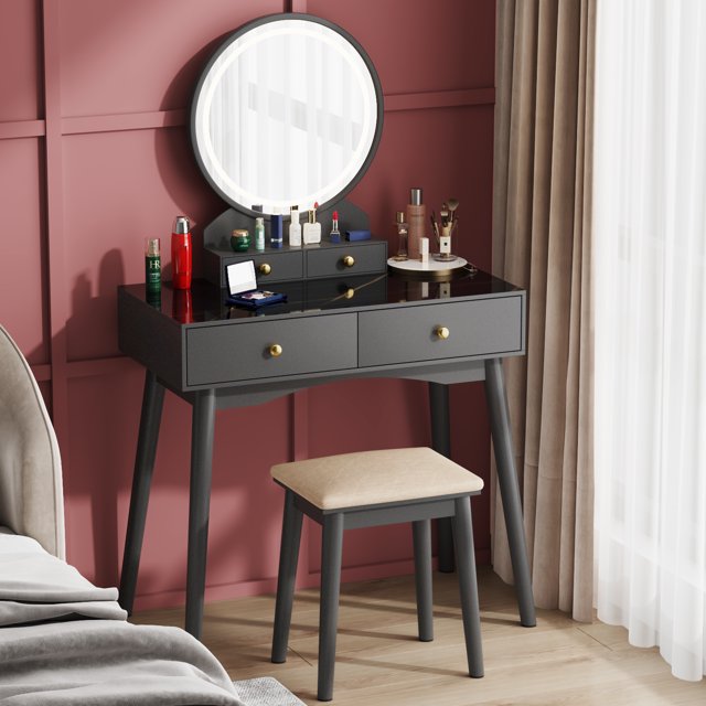 Furmax Vanity Table with Lighted Mirror, Vanity Desk with Stool, Dressing Table with 4 Drawers, Makeup Vanity Set, Black Finish, for Bedroom