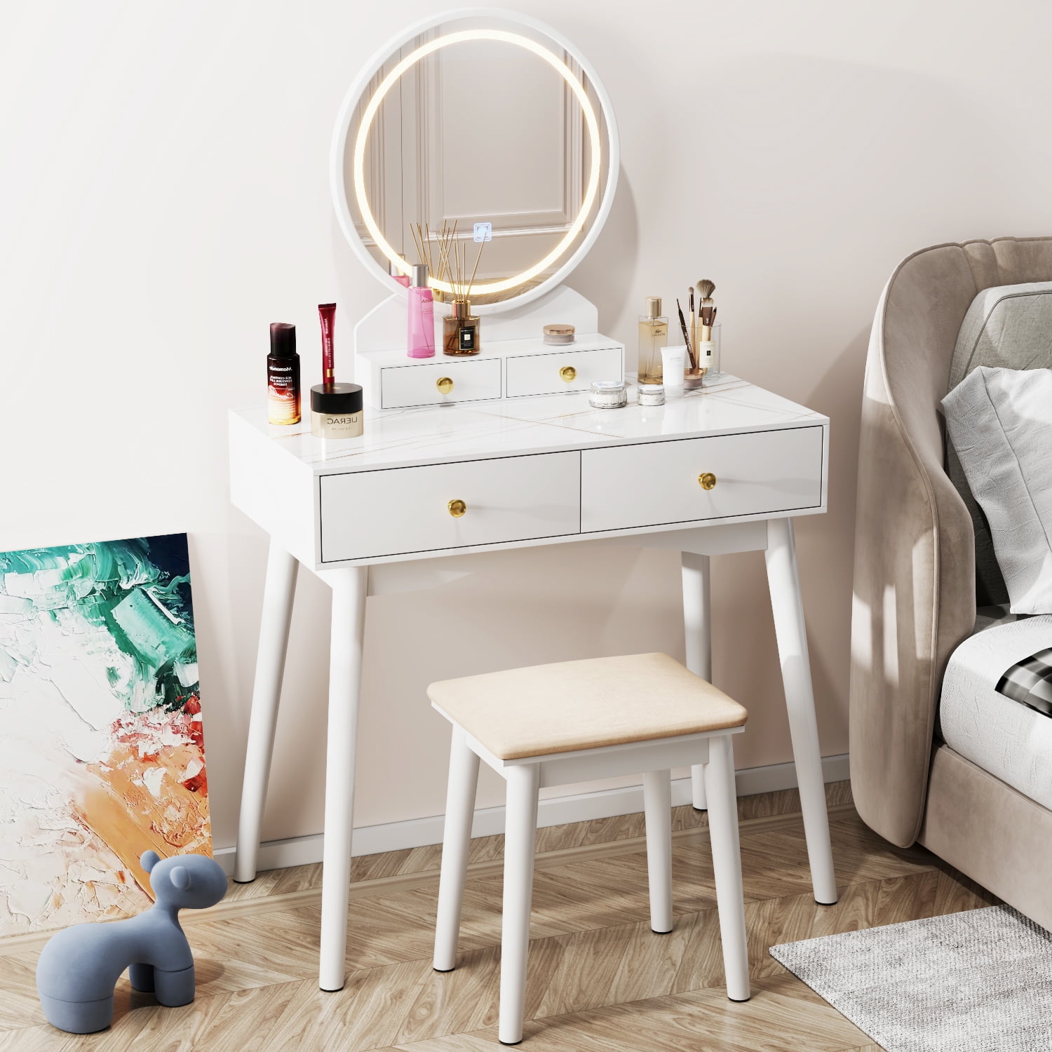 Vanity Table Set with Lighted Mirror & Stool, Makeup Vanity Desk with 4  Drawers