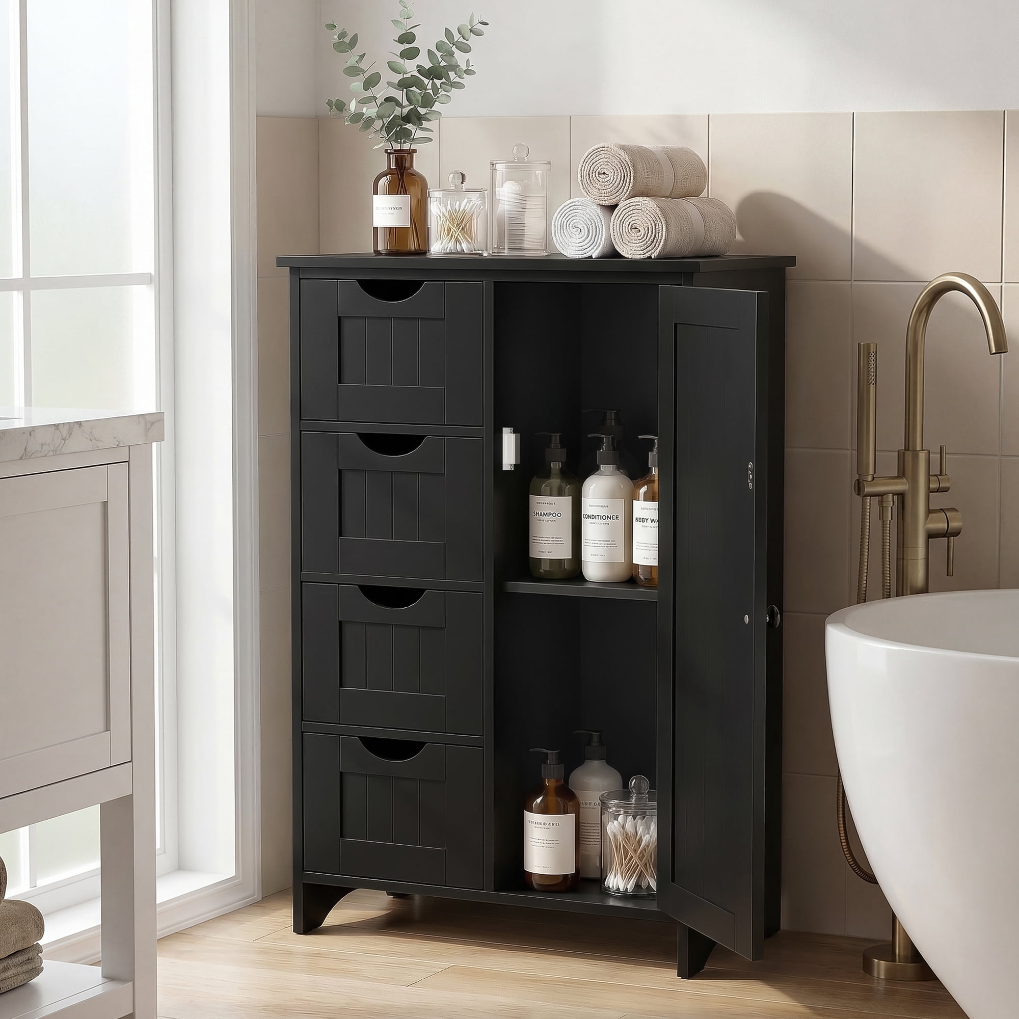 Furmax Wooden Bathroom Floor Cabinet with 4 Drawers, 1 Adjustable Shelf & 1 Cupboard，Side Storage Organizer Storage Cabinet for Bathroom, Entryway, Black
