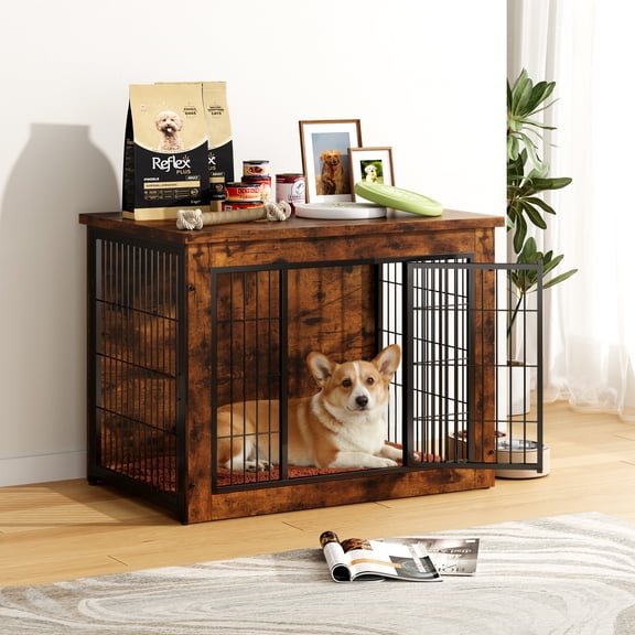 Furmax Wooden Indoor Dog Crate Furniture with Double Doors and Thick Cushion,Brown