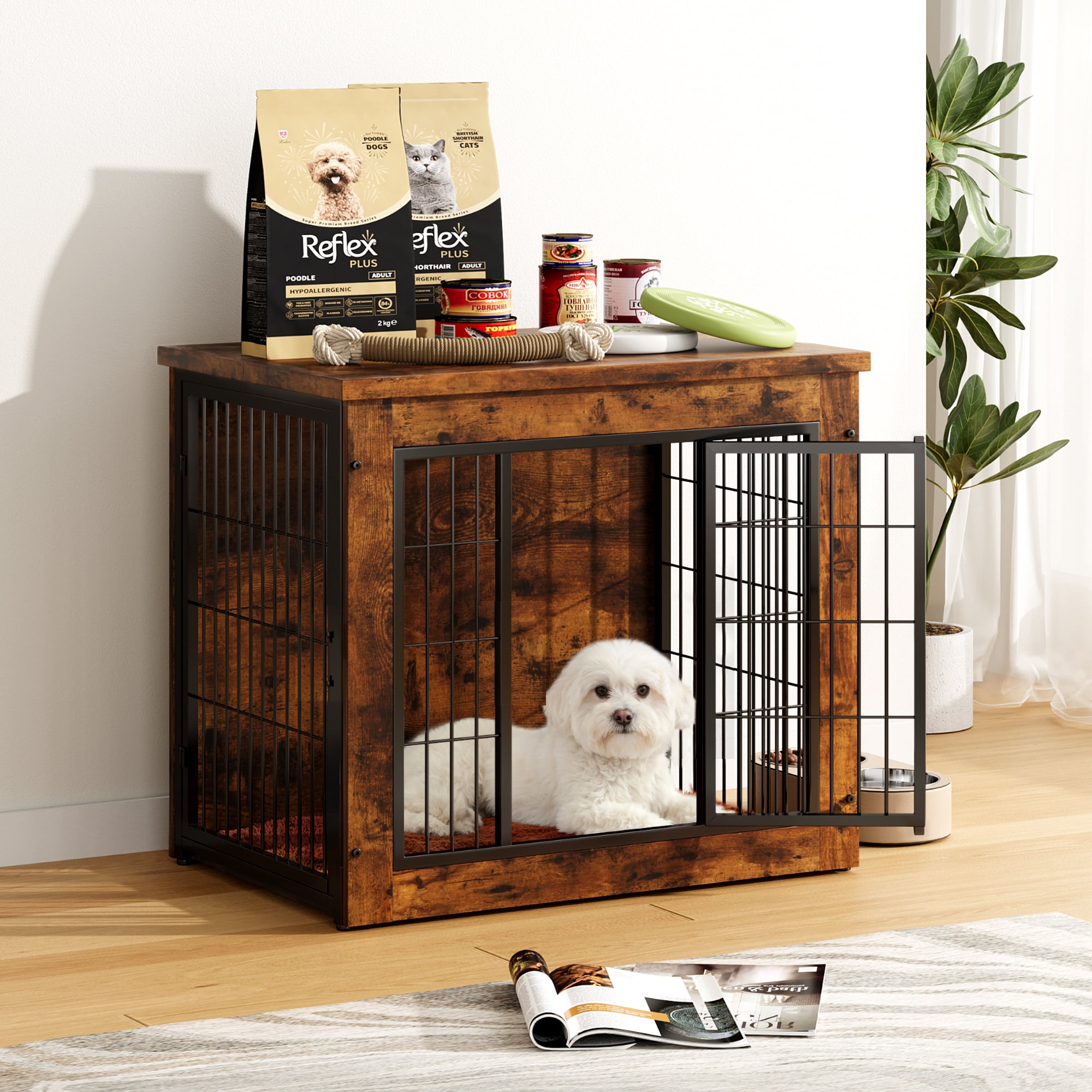 Furmax Wooden Indoor Dog Crate Furniture  with Double Doors and Thick Cushion,Brown