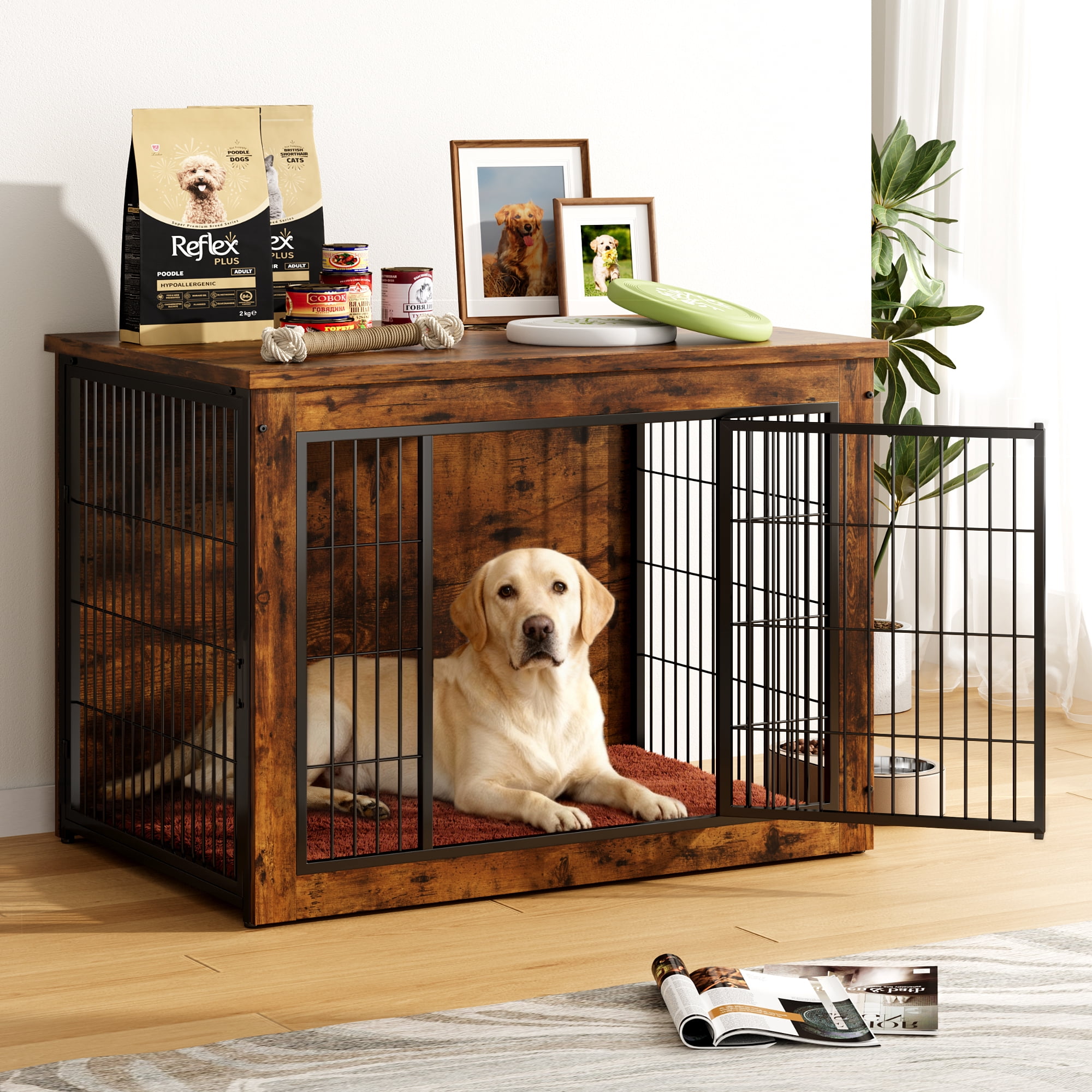 Furmax Wooden Indoor Dog Crate Furniture with Double Doors and Thick Cushion,Brown