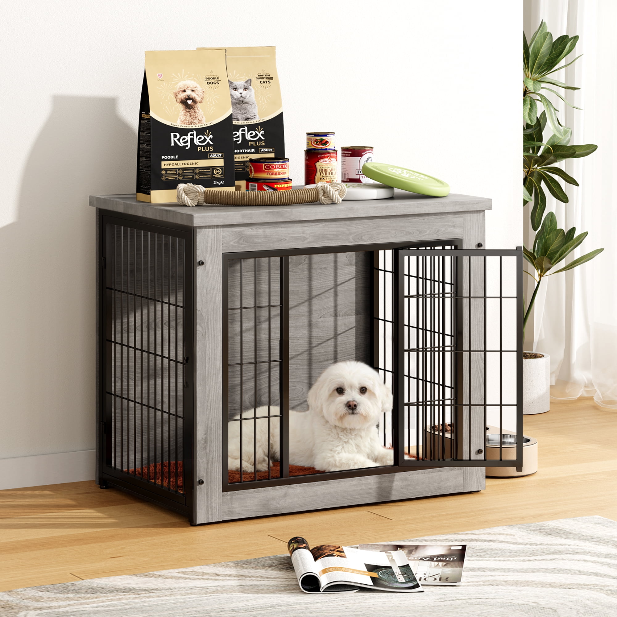 Furmax Wooden Indoor Dog Crate Furniture  with Double Doors and Thick Cushion,Gray