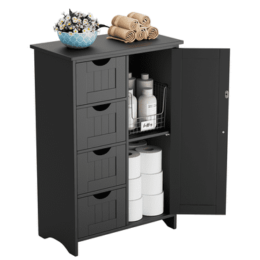 Furmax Wooden Storage Cabinet, Featuring a Freestanding Design with Four Drawers and One Cupboard, Ideal for Organizing Spaces in Homes, Office, Bathrooms, Entryways, and Kitchens，Black