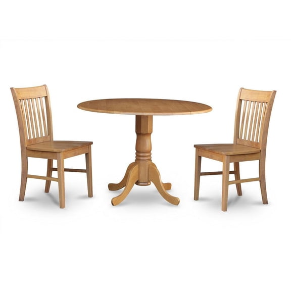 FurniFact 3-Piece Dining Set, Round Drop Leaf Table, 2 Wood Chairs, Oak Finish, Compact