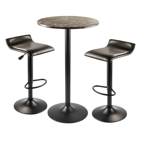 FurniFact 3pc Pub Set, Round Faux Marble Top, 2 Swivel Stools, Metal Base