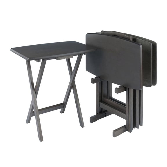FurniFact 5-PC Folding TV Tray Table Set, Black Tables, Solid Wood Storage Rack