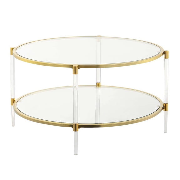FurniFact Acrylic Coffee Table with 2 Tiers of Glass, Gold Frame, Contemporary Style, 34"
