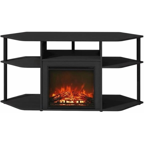 FurniFact Black Decorative Electric Fireplace Corner TV Stand Entertainment Center with Rubberwood Solids and Walnut Veneers, Stylish 1-Piece Design