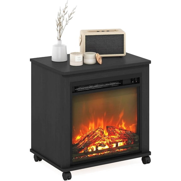 FurniFact Black Electric Fireplace End Table with Heater for Indoor Use on Wheels