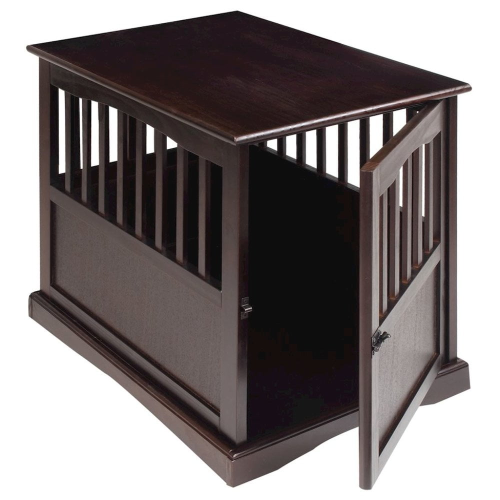 FurniFact Brown Dog Kennel Furniture with Gate, Solid Wood Dog Crate End Table