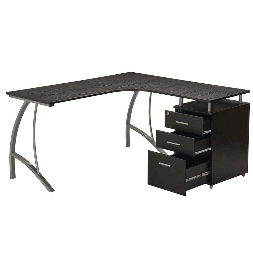 FurniFact Brown L Shaped Desk With 3 Drawers, Steel Frame Corner Computer Desk