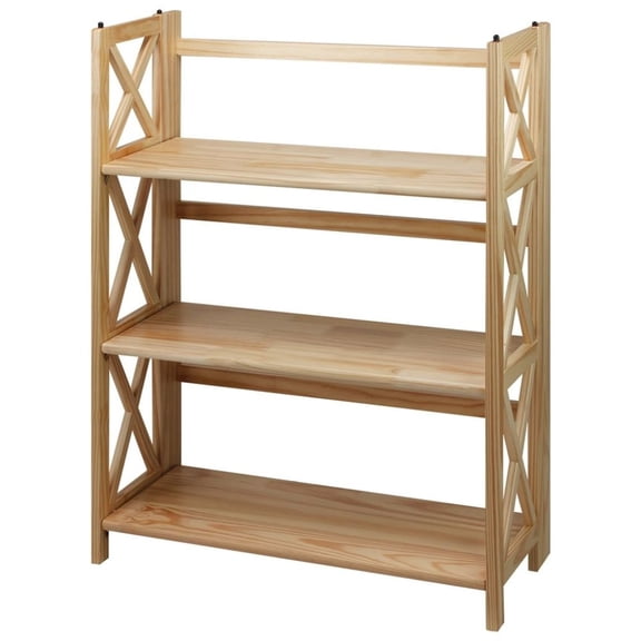 FurniFact Brown Solid Wood Folding Bookshelf with X-Frame and 3 Shelves