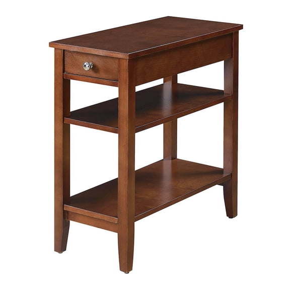 FurniFact Chairside End Table with 3 Shelving Tiers, Red Wood, Drawer for Concealed Items