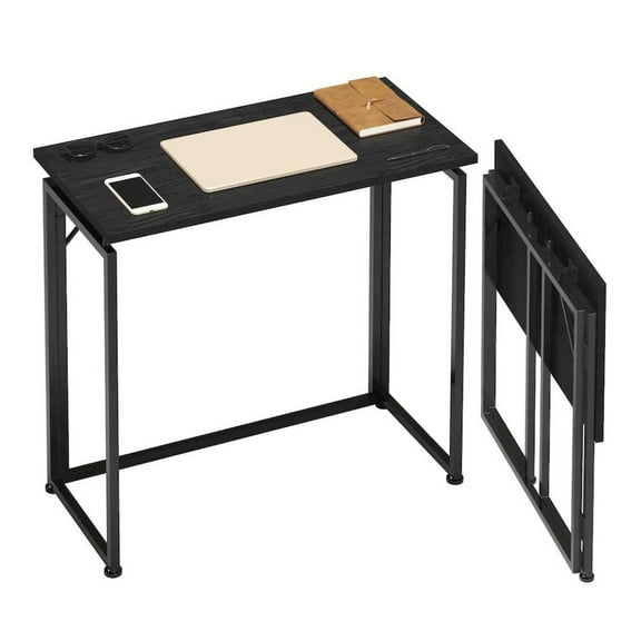 FurniFact Compact Folding Table With Metal Frame, Black Office Writing Desk For Home