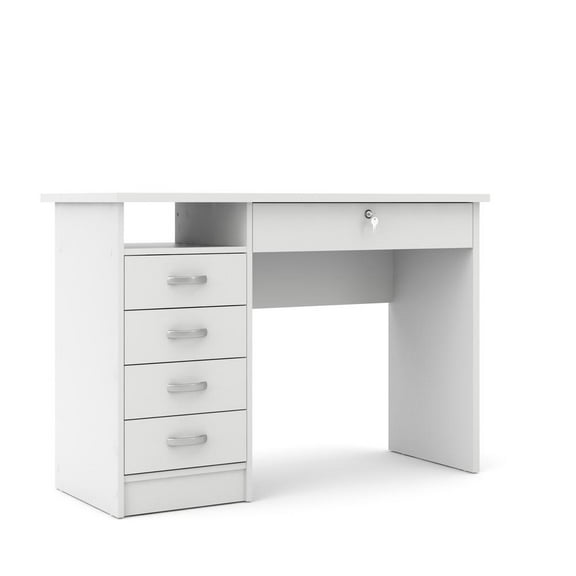 FurniFact Elegant White Computer Desk Featuring Five Drawers and Open Shelf Design