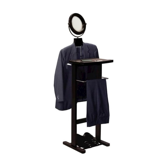 FurniFact Espresso Solid Wood Suit Stand, Valet Stand for Clothes with Mirror and Tray