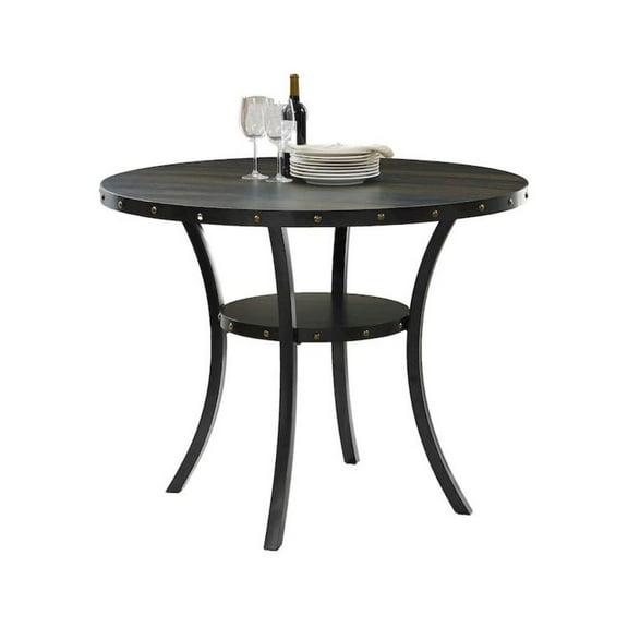 FurniFact Gray Round Counter Height Dining Table with Open Shelf, Metal Base Wooden Table