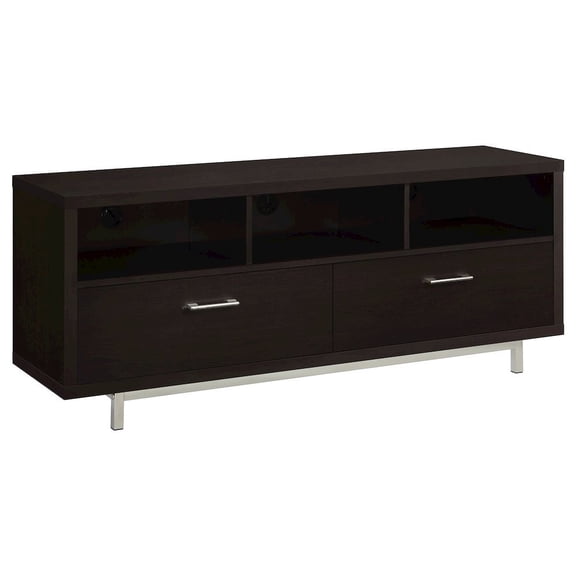 FurniFact Modern Cappuccino TV Stand 60 Inch, Engineered Wood, 2-Drawer, Chrome Metal Base