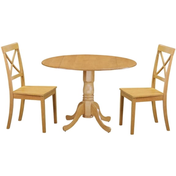 FurniFact Oak Dining Set, Round Drop Leaf Table, X-Back Chairs, 2-Person, Rubber Wood