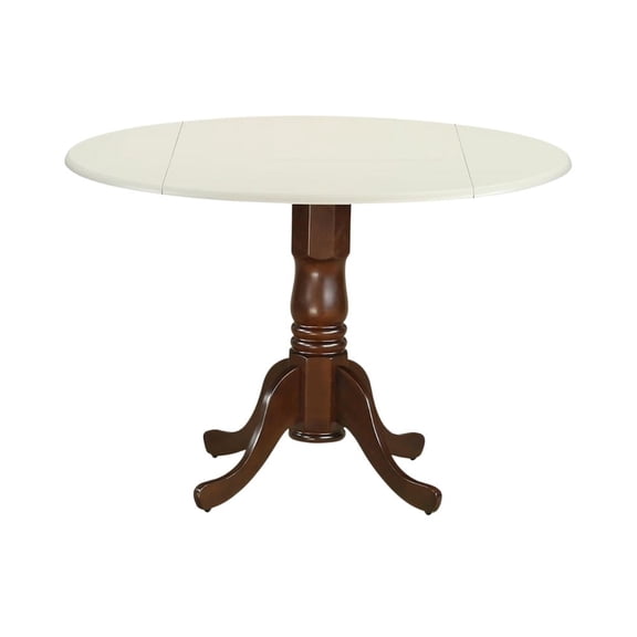 FurniFact Round Dining Table, Drop Leaves, Linen White & Mahogany, Pedestal Base