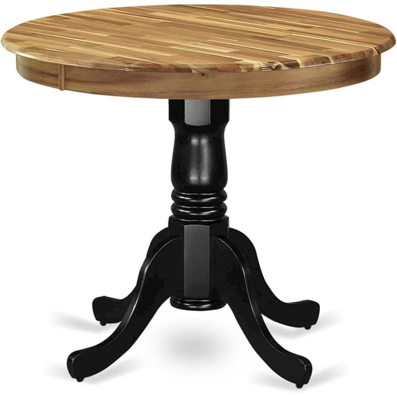 FurniFact Round Dining Table, Natural & Black Finish, Solid Wood, Pedestal Base, 36-Inch