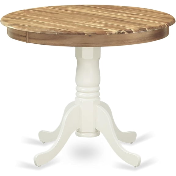 FurniFact Round Dining Table, Natural & White Finish, Solid Wood, Pedestal Base, 36-Inch