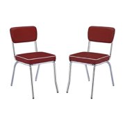 FurniFact Set of 2 Upholstered Dining Chairs in Red with Chrome Legs for Dining