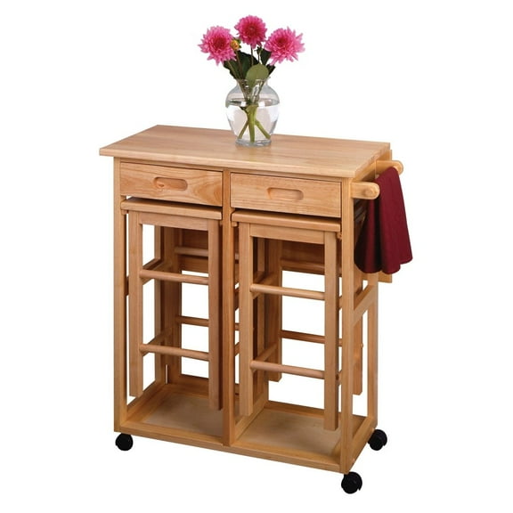 FurniFact Solid Wood Kitchen Cart Drop Leaf Table With Chairs And Storage Stools