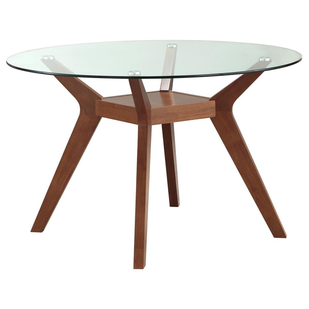 48-Inch Round Clear Glass Top Dining Table with Nutmeg Wood Base