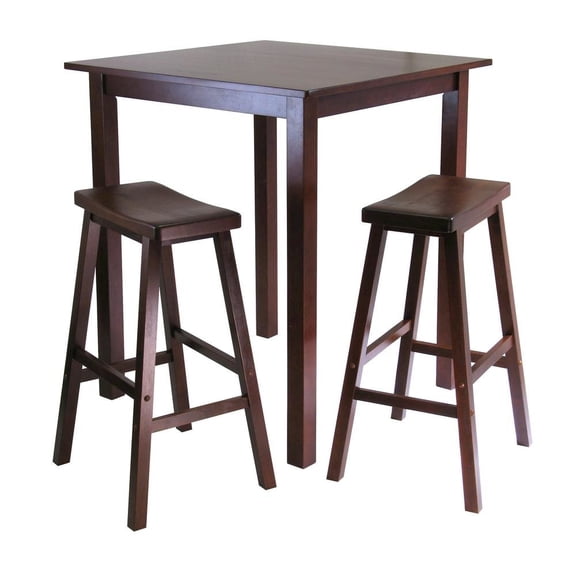 FurniFact Square Pub Set, 2 Saddle Seat Stools, Solid Wood, Walnut