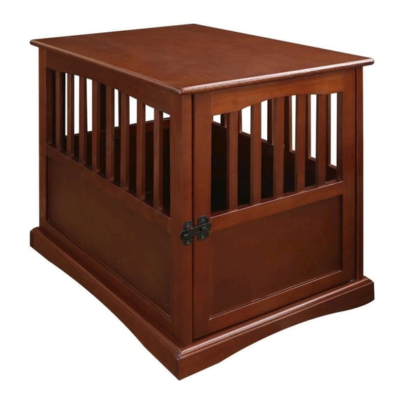 FurniFact Walnut Dog Kennel Furniture with Gate, Solid Wood Dog Crate End Table