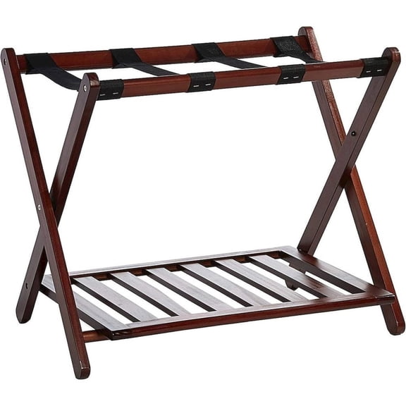 FurniFact Walnut Wooden Suitcase Stand with Shelf, Luggage Rack for Guest Room