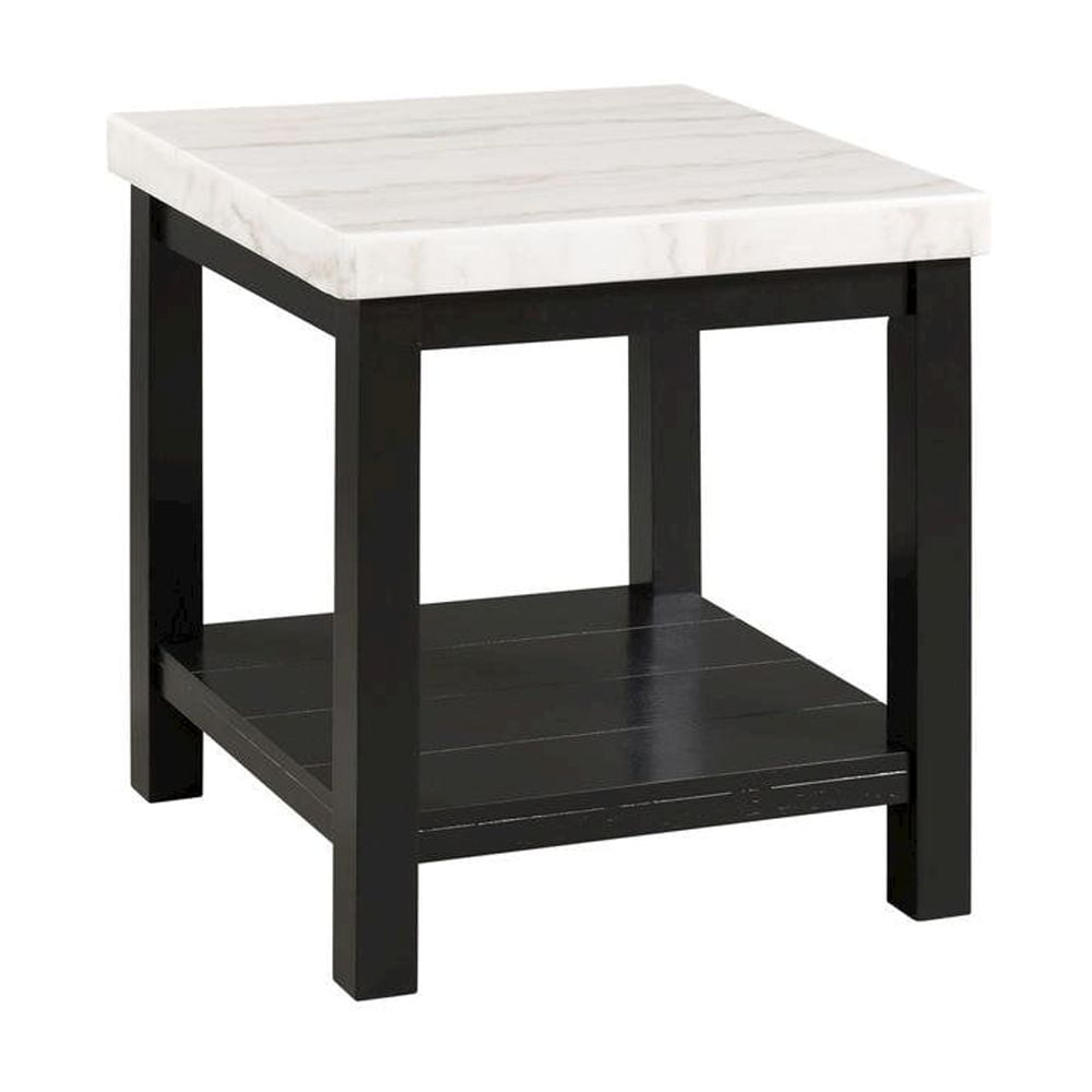 Transitional Black and White Marble Square End Table with Shelf
