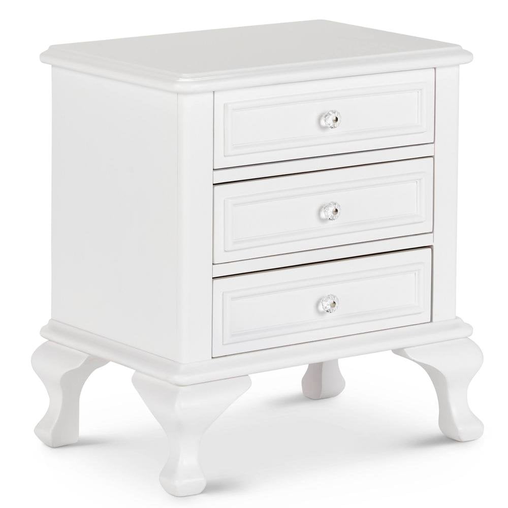 White 3-Drawer Transitional Nightstand with Crystal Knobs