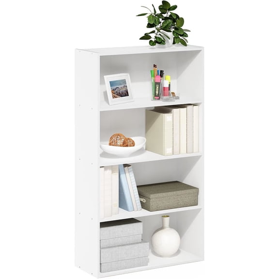 FurniFact White Wooden Book Shelf with Four Open Wooden Shelves for Modern Interiors