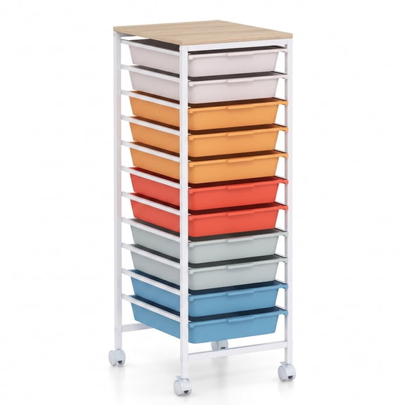 Furnibear 10-Drawer Rolling Storage Cart, Mobile Utility Organizer Craft Cart with Wooden Tabletop and Lockable Wheels for Office Classroom Salon, White