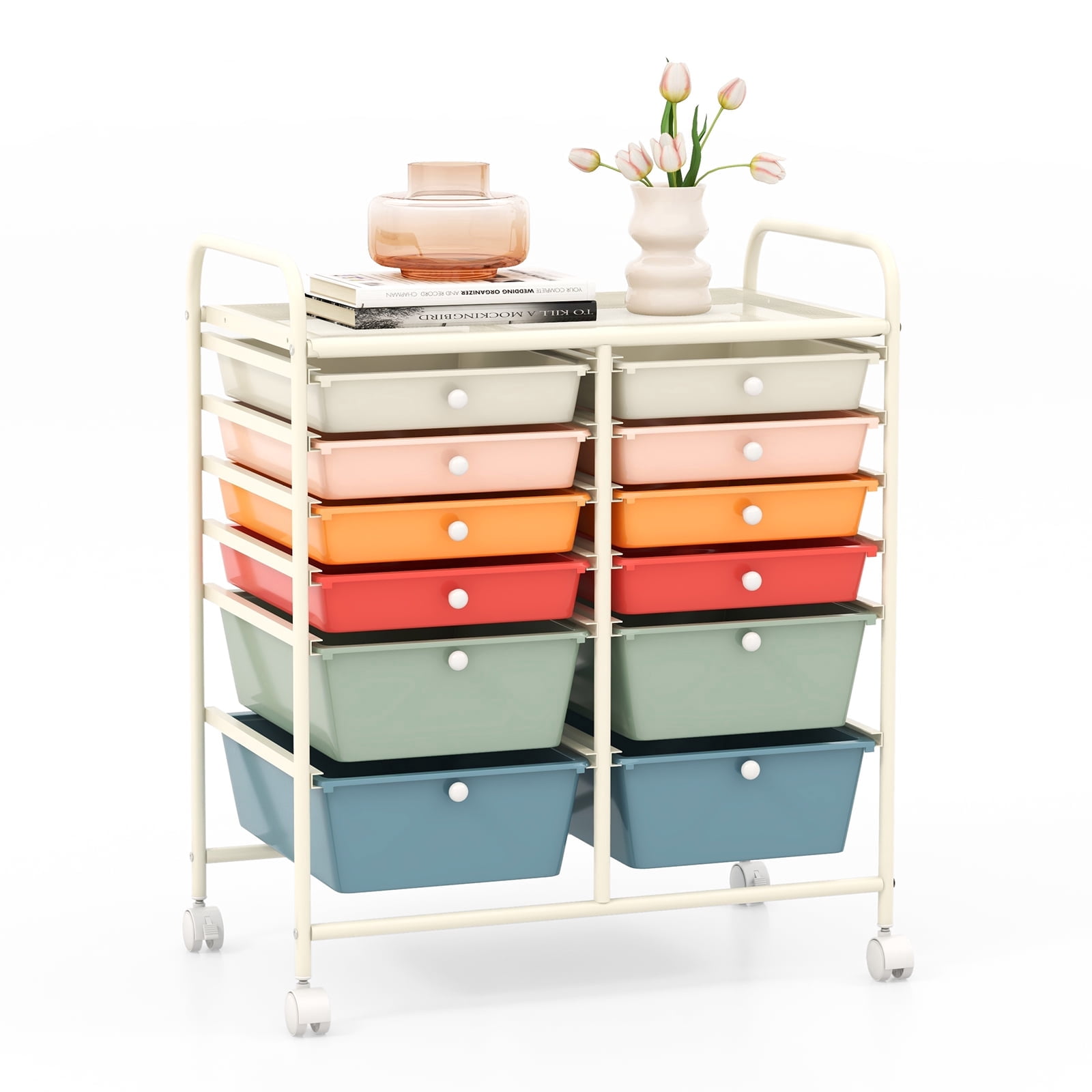 Furnibear 12 Drawer Rolling Storage Cart Studio Organizer Metal Utility Cart on Wheels with Removable Drawers and Lockable Wheels for Home Office Craft Room and Classroom, Deep Multicolor