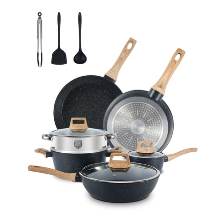 Fenbeli 12 Pcs Pots and Pans Set Nonstick,Ceramic Cookware Set with Pots Protectors and Cooking Utensils,Black