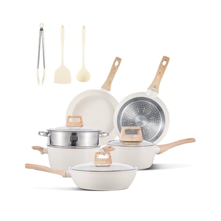 Fenbeli 12 Pcs Pots and Pans Set Nonstick,Ceramic Cookware Set with Pots Protectors and Cooking Utensils,Cream White